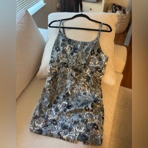 Floral Satin Slip Dress in Silver and Black